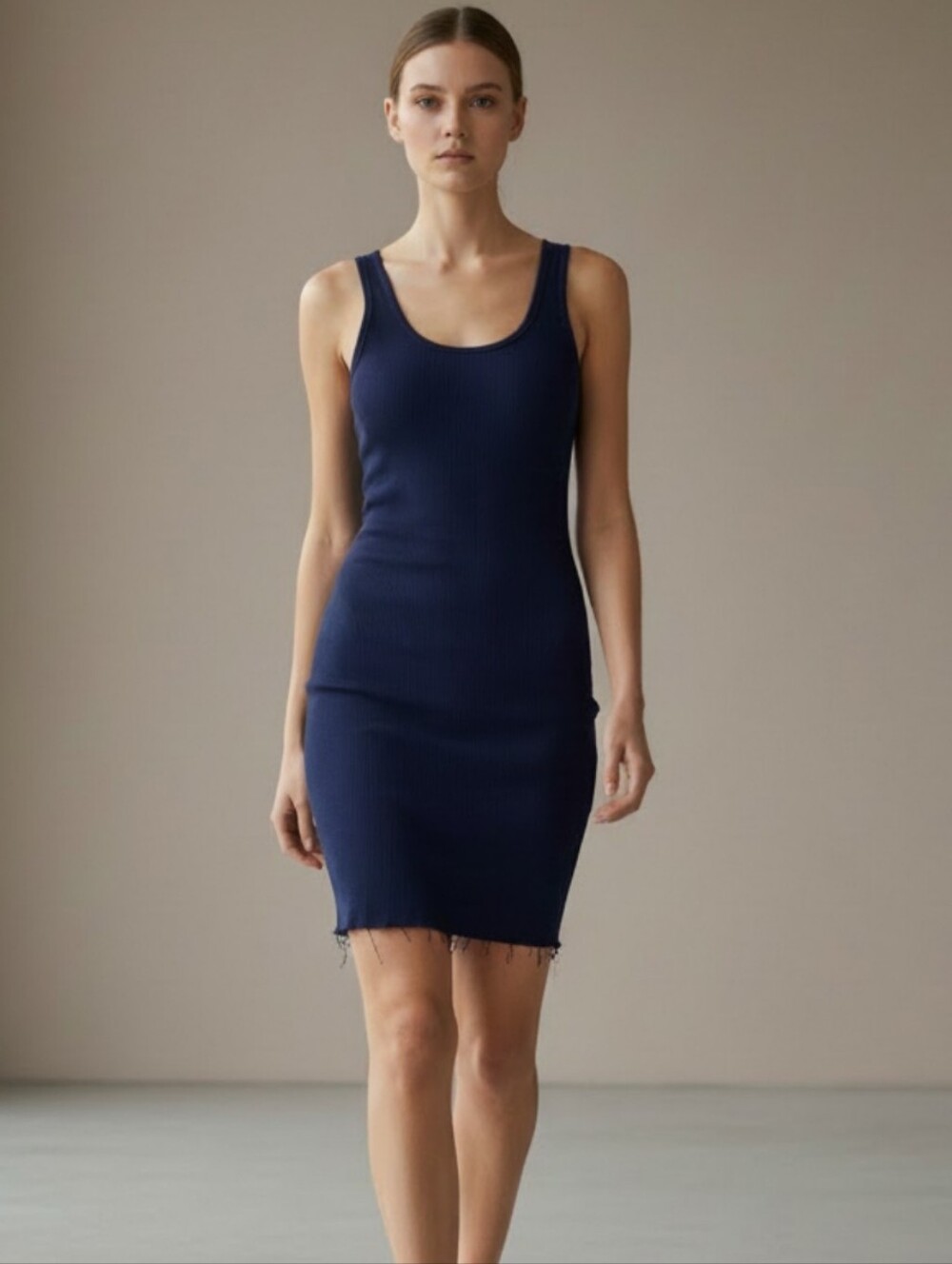 RAG & BONE Rib Ribbed Mini Tank Dress Raw Hem Navy Blue Medium